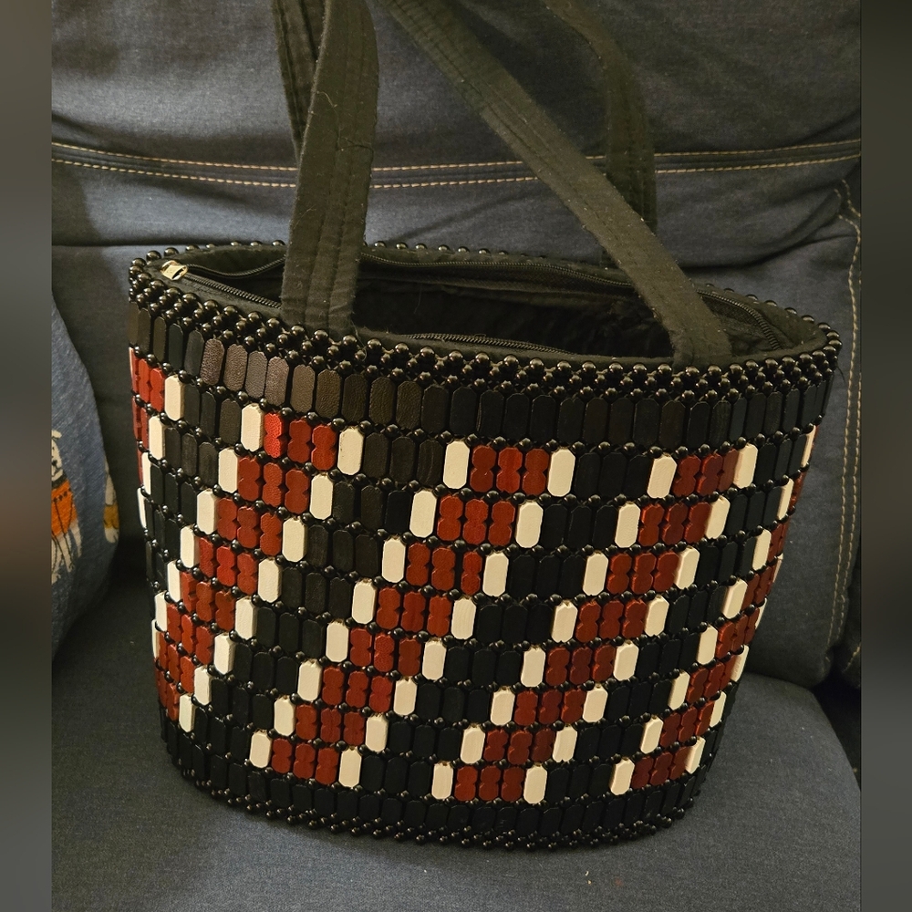 Stylish Black Brown And White Wood Beaded Tote Bag
